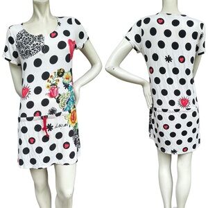 Desigual Livingwear Black & White Polka Dot Print Short Sleeve Mini Dress L/XL